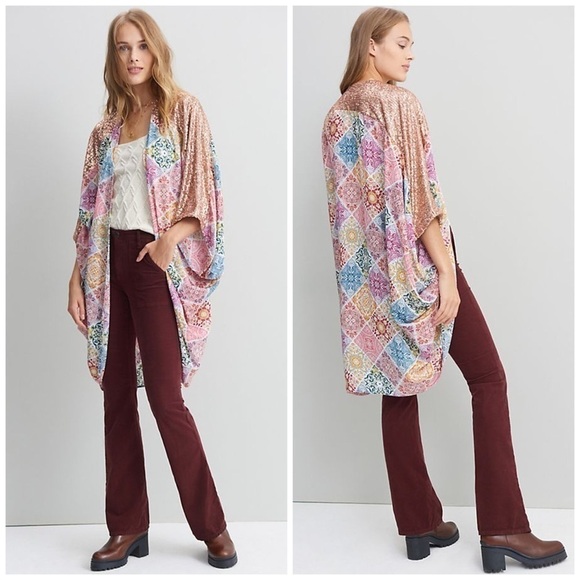 Anthropologie Rare Sachin & Babi Jaya Kimono One Size Sequin Trim Printed Boho - Picture 1 of 10